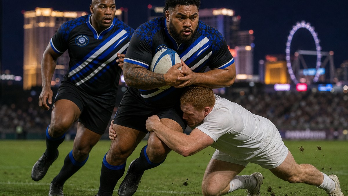 A Vegas Lions ball carrier in the black jersey with blue and white diagonal stripes runs a hard line with the oval rugby ball in both hands as an opponent in white makes a low tackle at the thighs on a floodlit pitch