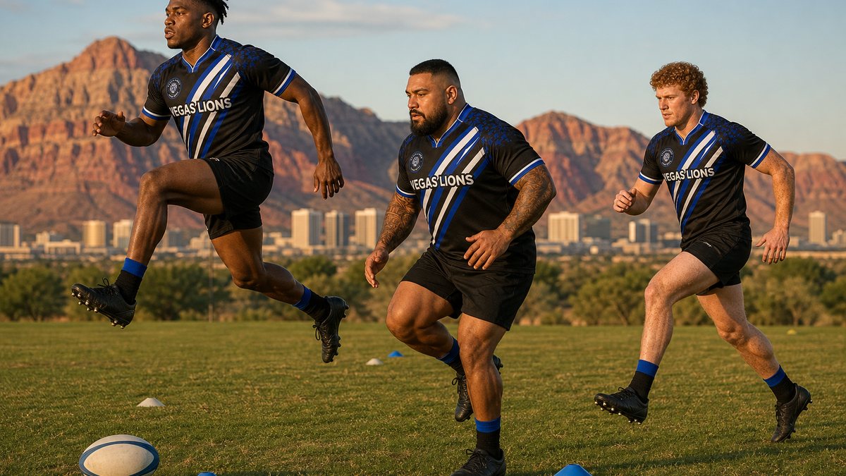 Three Vegas Lions players doing a bounding drill on a grass pitch at golden hour with red-rock desert mountains behind, each at a different point in the stride