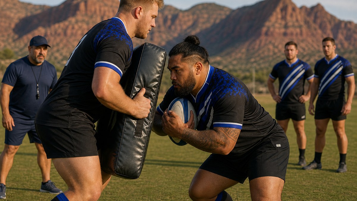 A Vegas Lions forward with the oval rugby ball in both hands drives low into a contact shield held by a teammate during a golden-hour training session in the desert while a coach watches