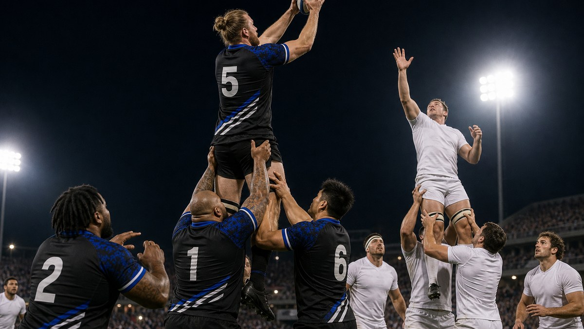 A Vegas Lions lineout at night: the jumper, number 5, is lifted high by teammates wearing numbers 1 and 6 to catch an oval rugby ball thrown in by the hooker, against opponents in white