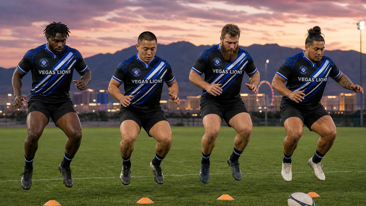 Four Vegas Lions players jumping in a line during a plyometric warm-up on a pitch at dusk, Las Vegas behind
