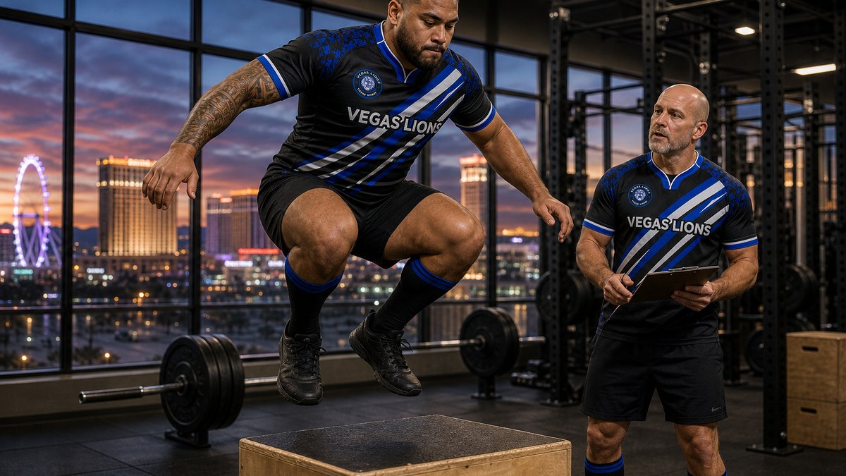 A Vegas Lions player in the black jersey with blue and white diagonal stripes exploding upward in a box jump in a gym overlooking the Las Vegas Strip at dusk while a coach watches