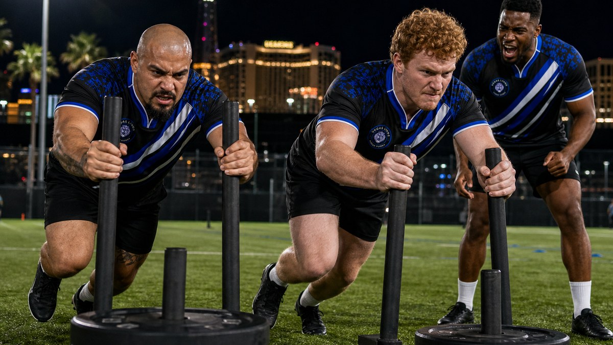 Vegas Lions players pushing a weighted sled across turf in a training session under floodlights