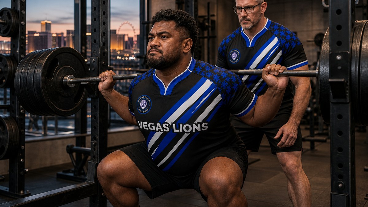 A Vegas Lions player in the black, blue and white jersey driving up from a heavy barbell squat in a gym while a teammate spots him