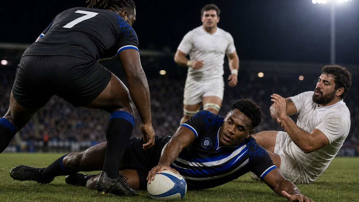 A tackled Vegas Lions player falls sideways and places the oval rugby ball back toward his team as a Lions support player wearing number 7 on the back arrives over the ball and the opponent in white has released him
